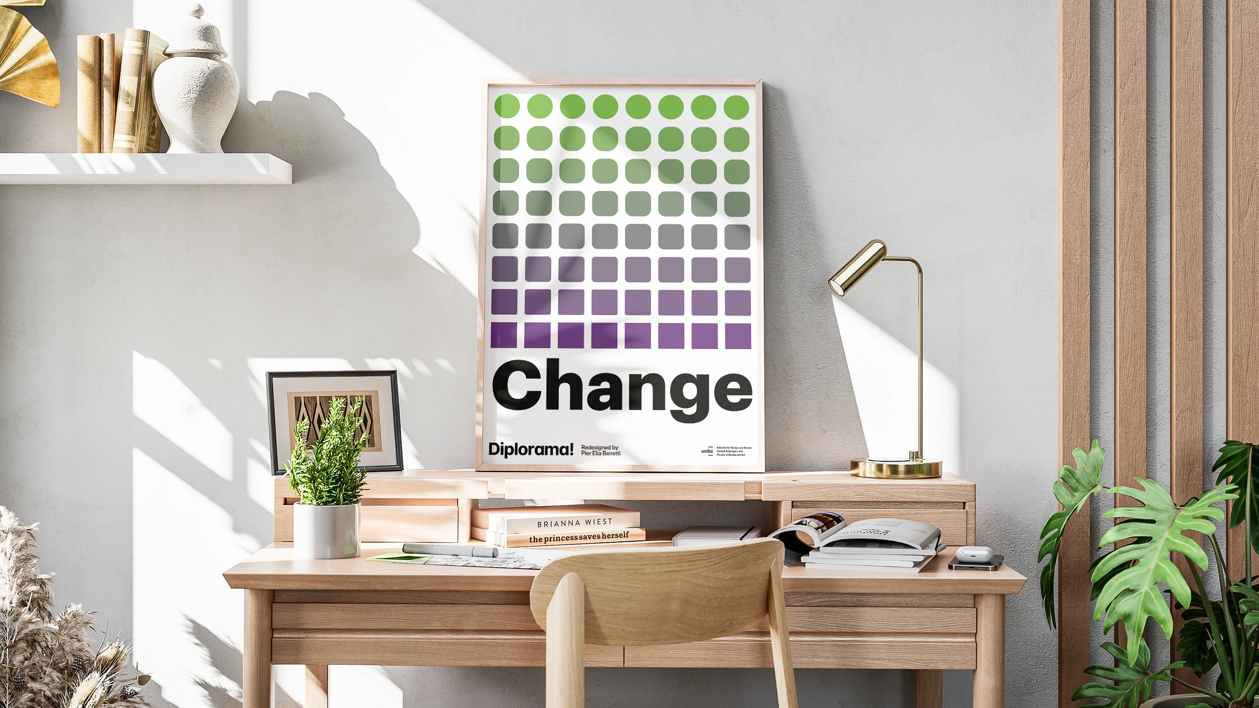Change Diplorama poster framed above a desk