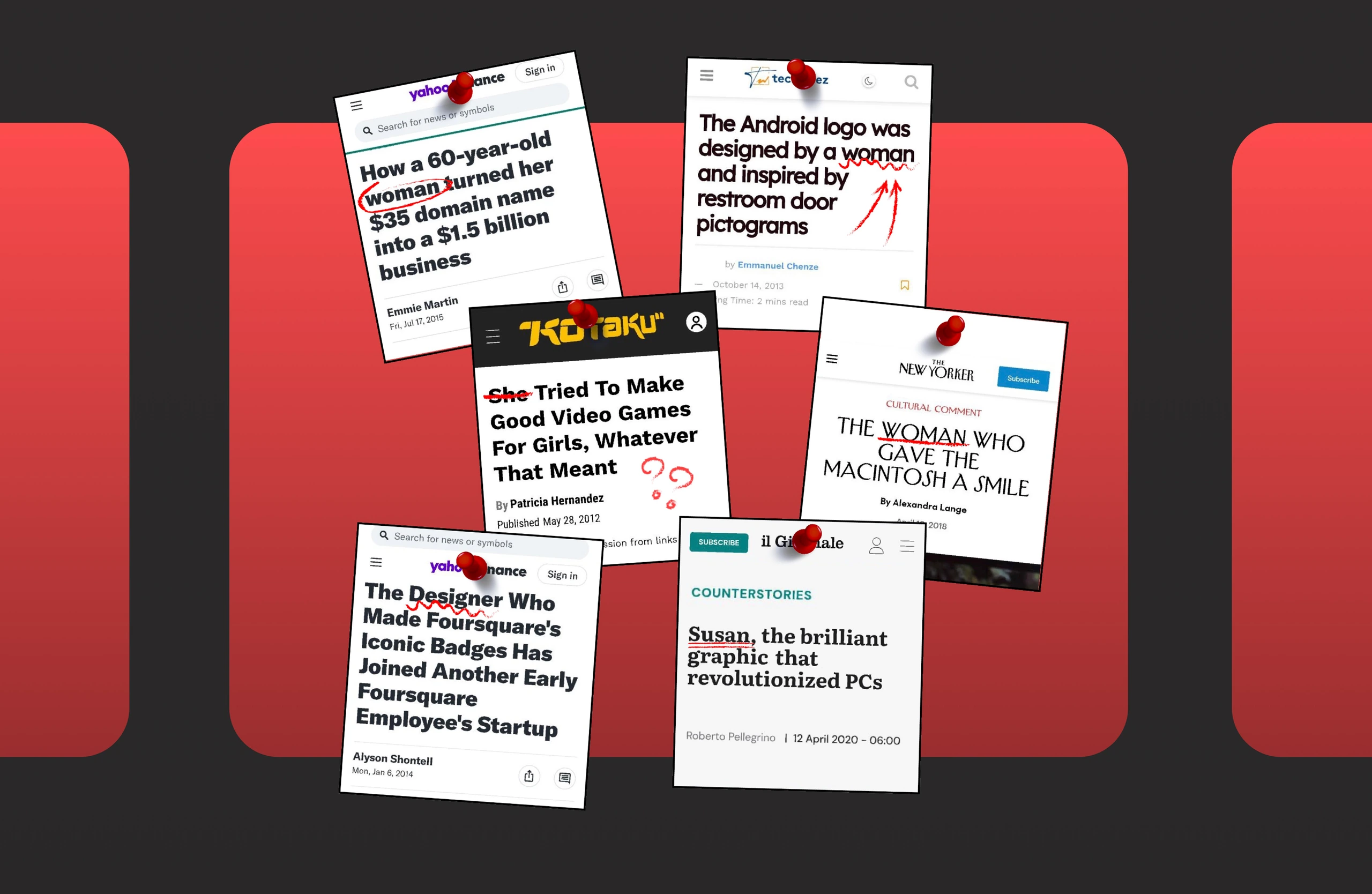 Media portrayals of women designers corrected with red annotations