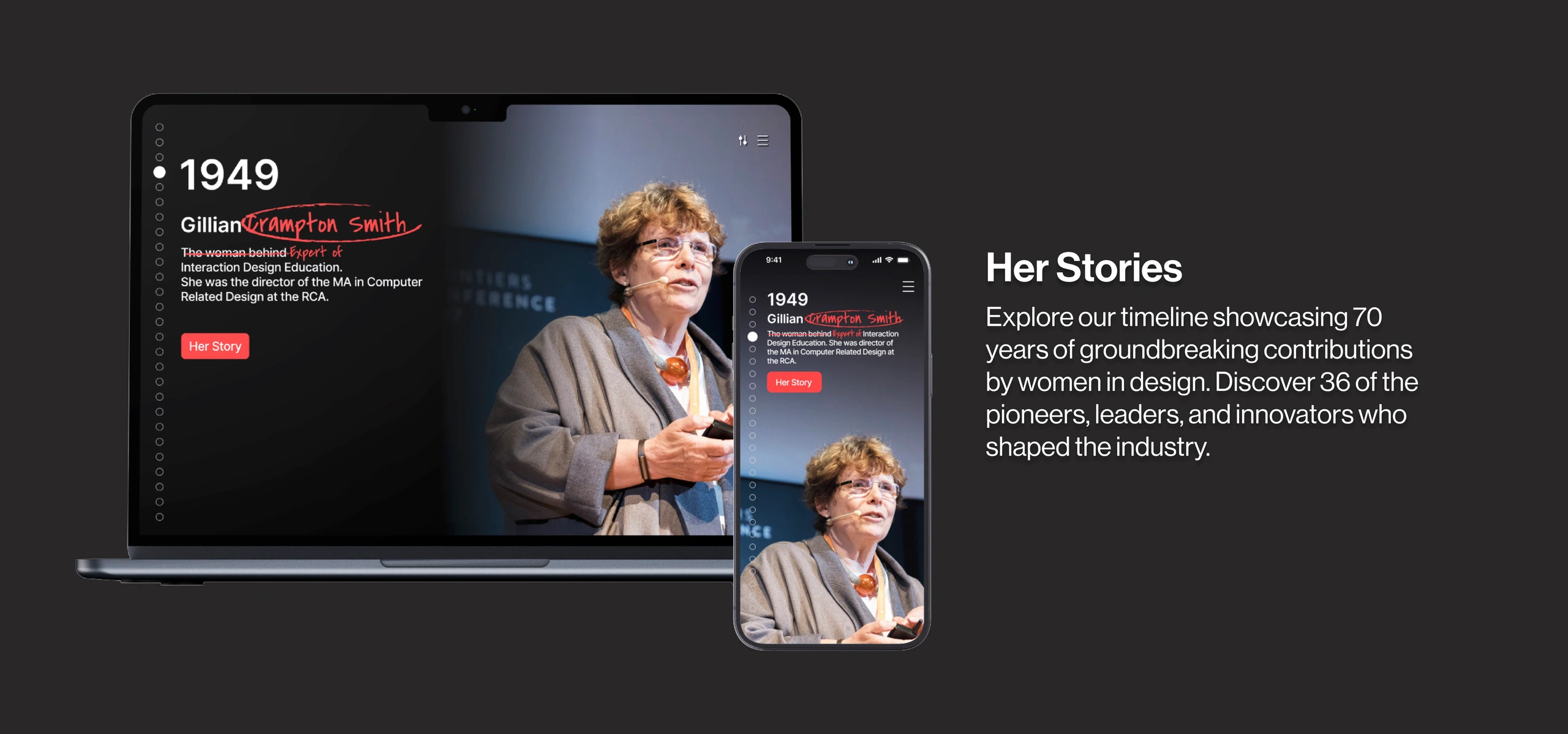 Her Stories timeline website displayed on desktop and mobile