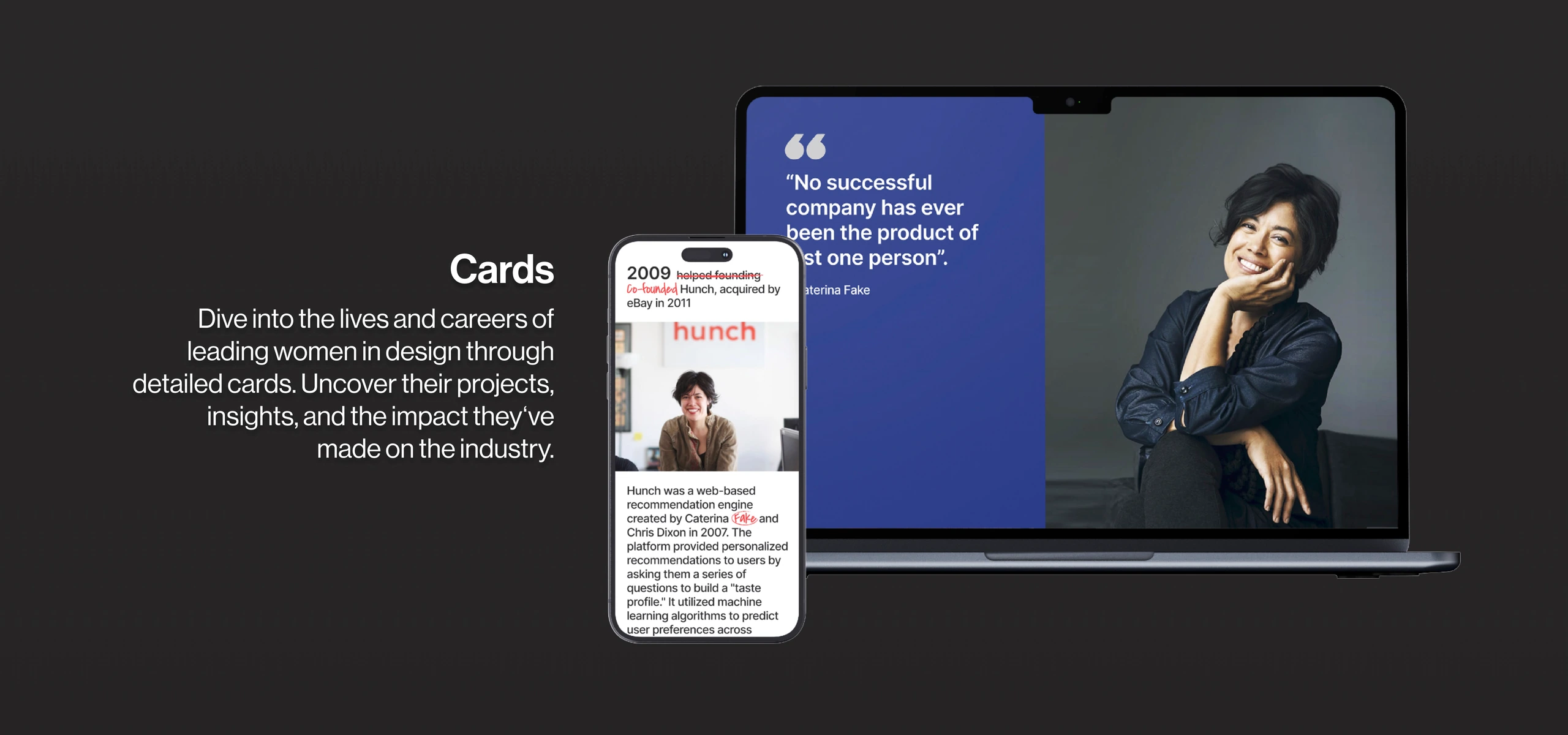 Her Stories designer cards displayed on desktop and mobile