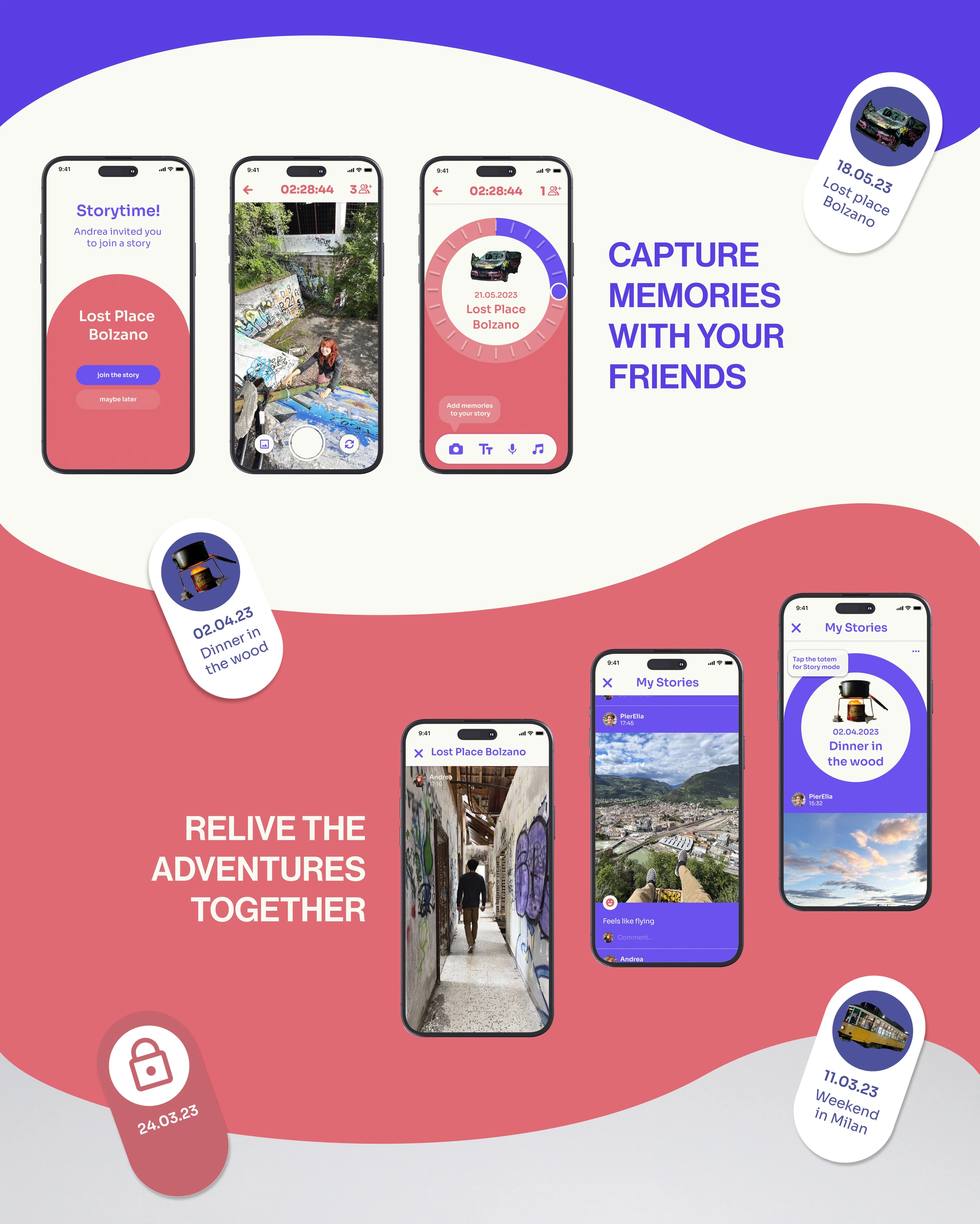 Storycaps app screens for capturing and revisiting shared memories