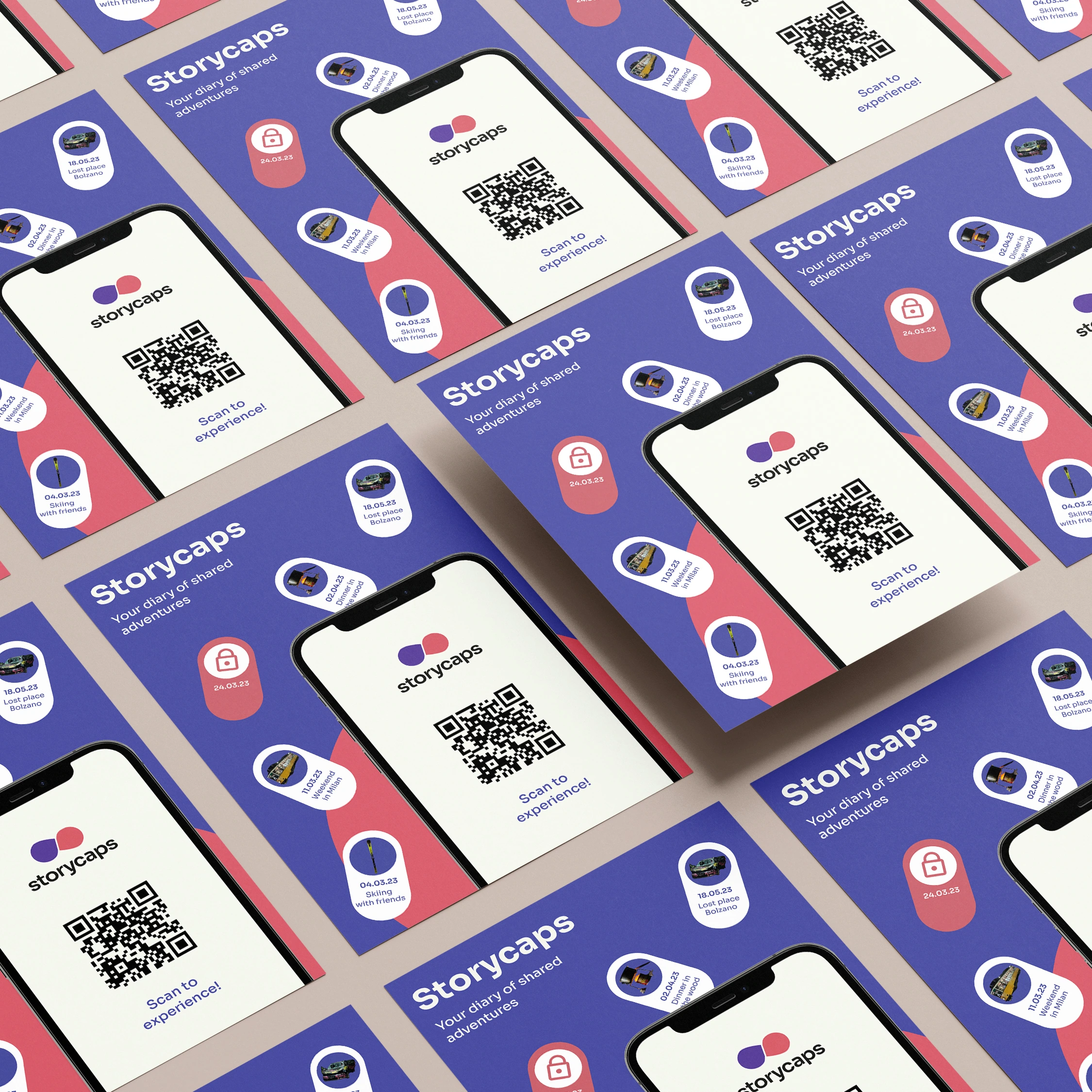Storycaps promotional flyers arranged in a repeating pattern