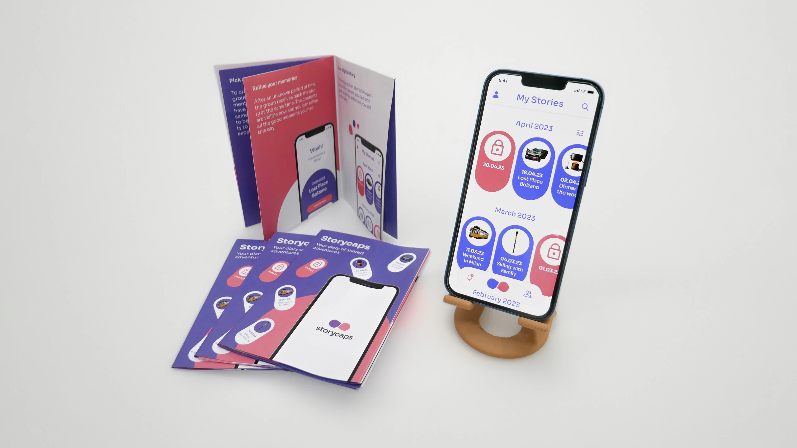 Storycaps brochure, postcards and mobile app mockup