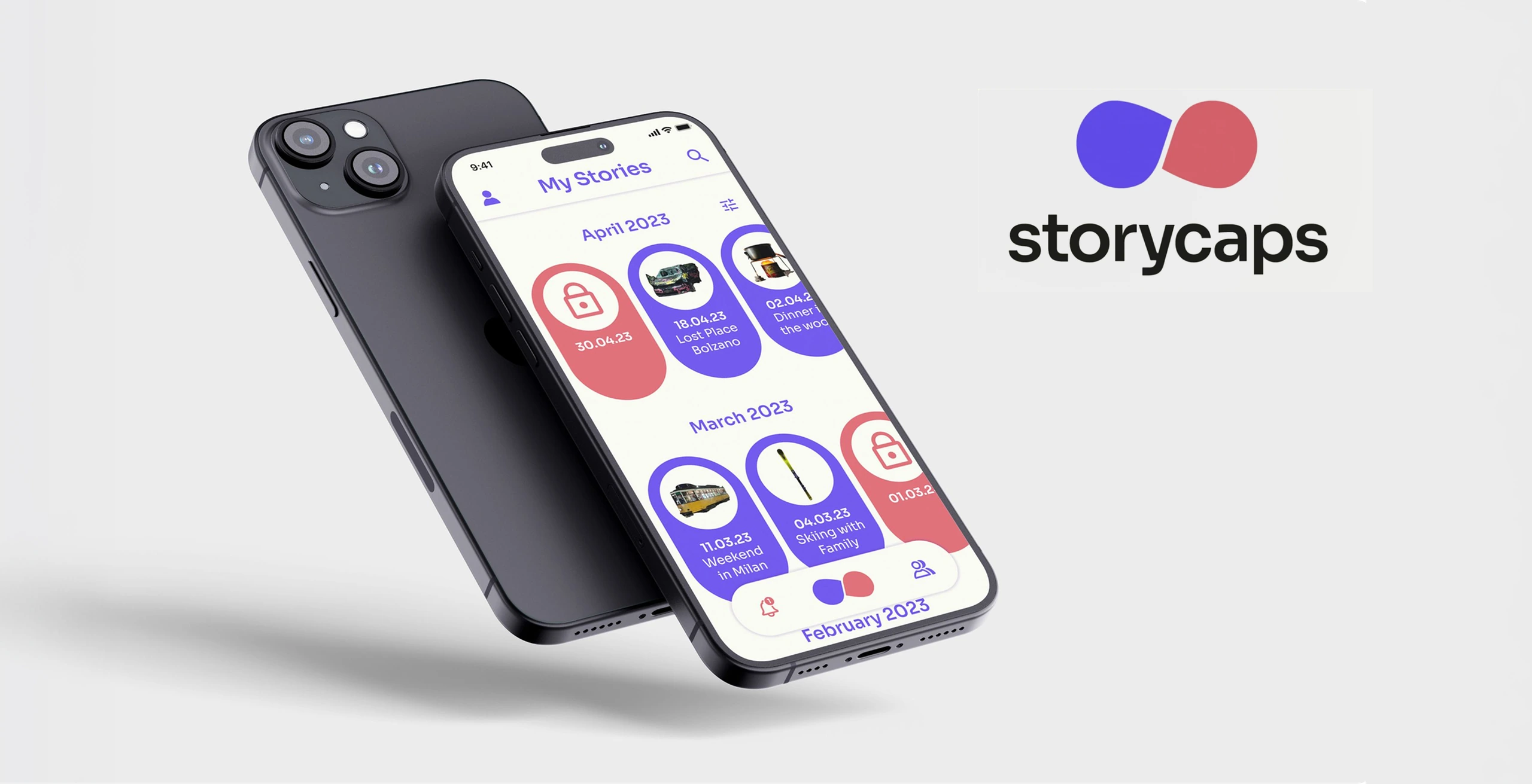 Storycaps app on two phones beside the Storycaps logo on a light grey background